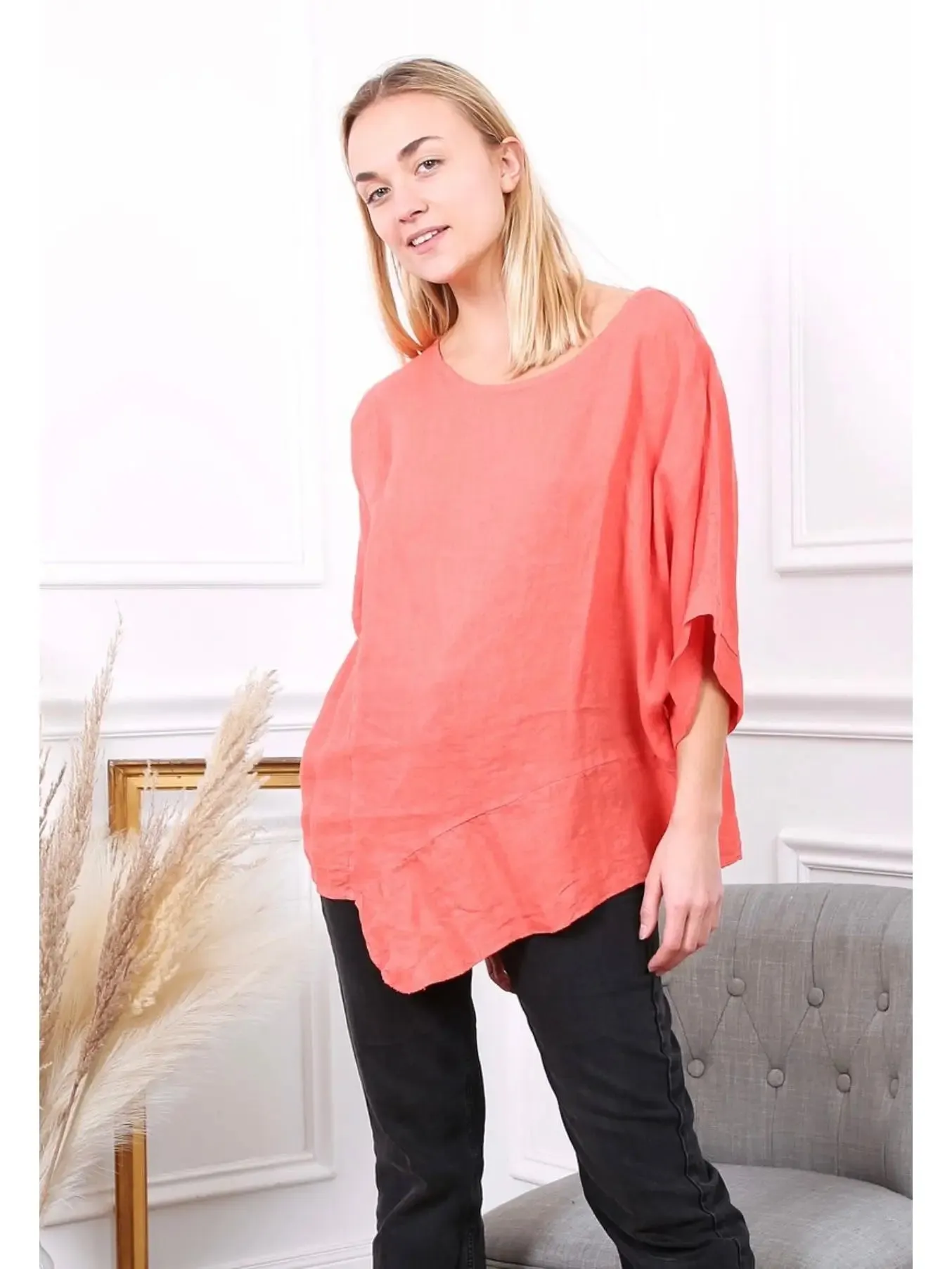 100% Linen Asymmetrical Top - 9655,Women Wear