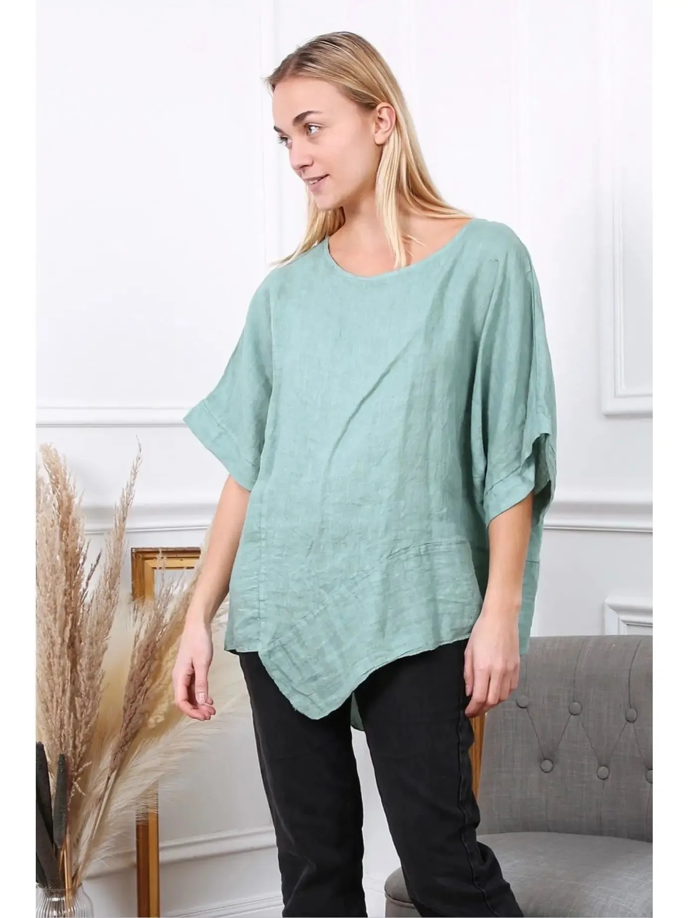 100% Linen Asymmetrical Top - 9655,Women Wear
