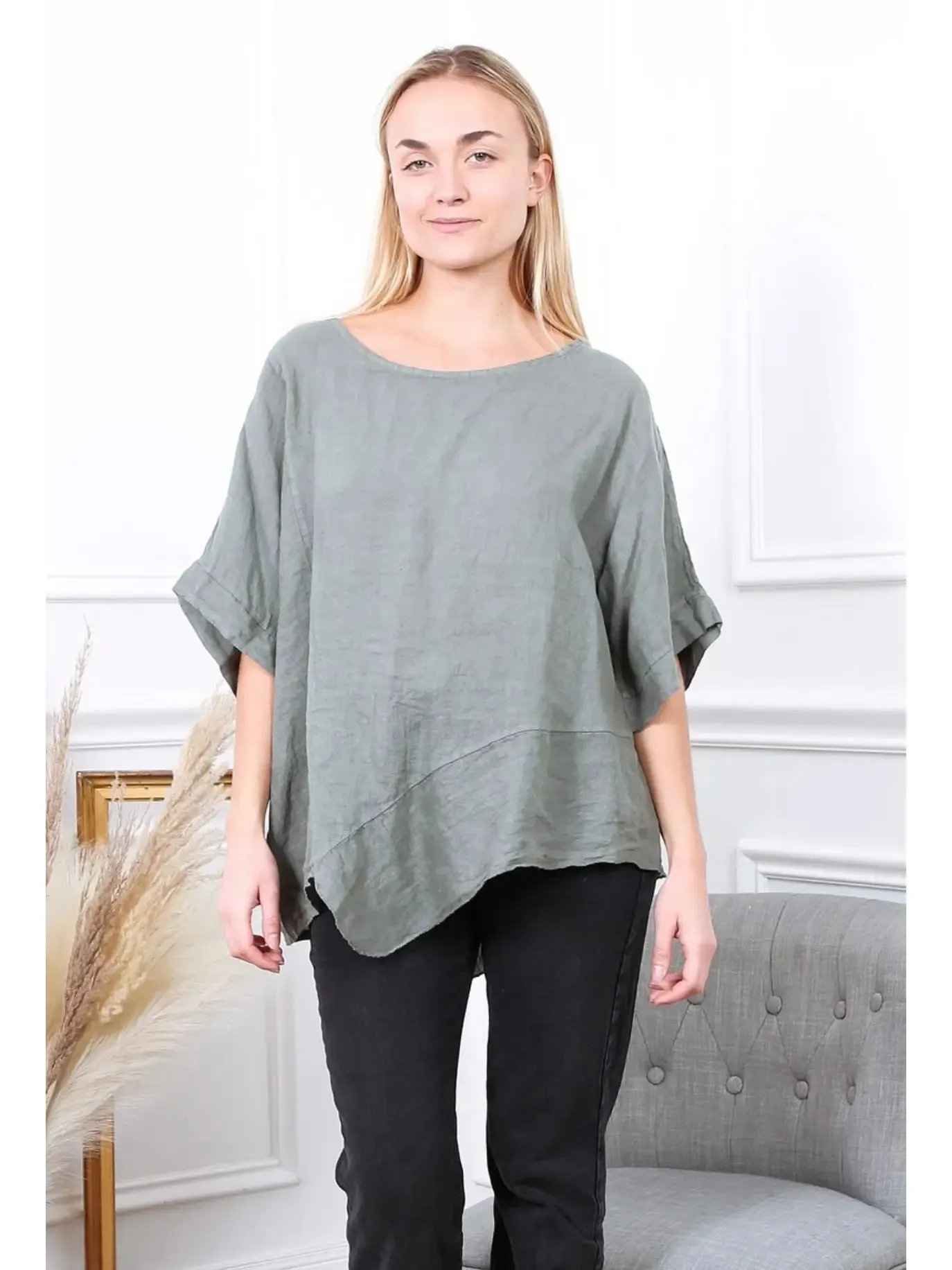 100% Linen Asymmetrical Top - 9655,Women Wear
