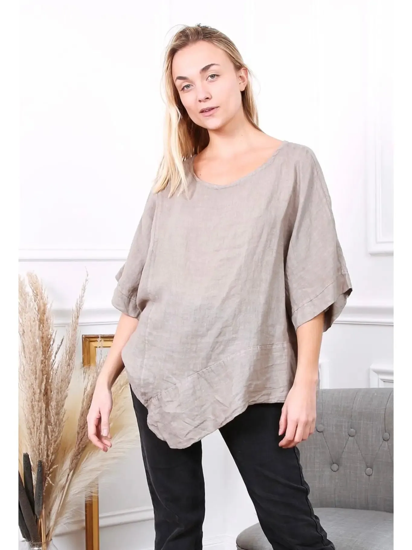 100% Linen Asymmetrical Top - 9655,Women Wear