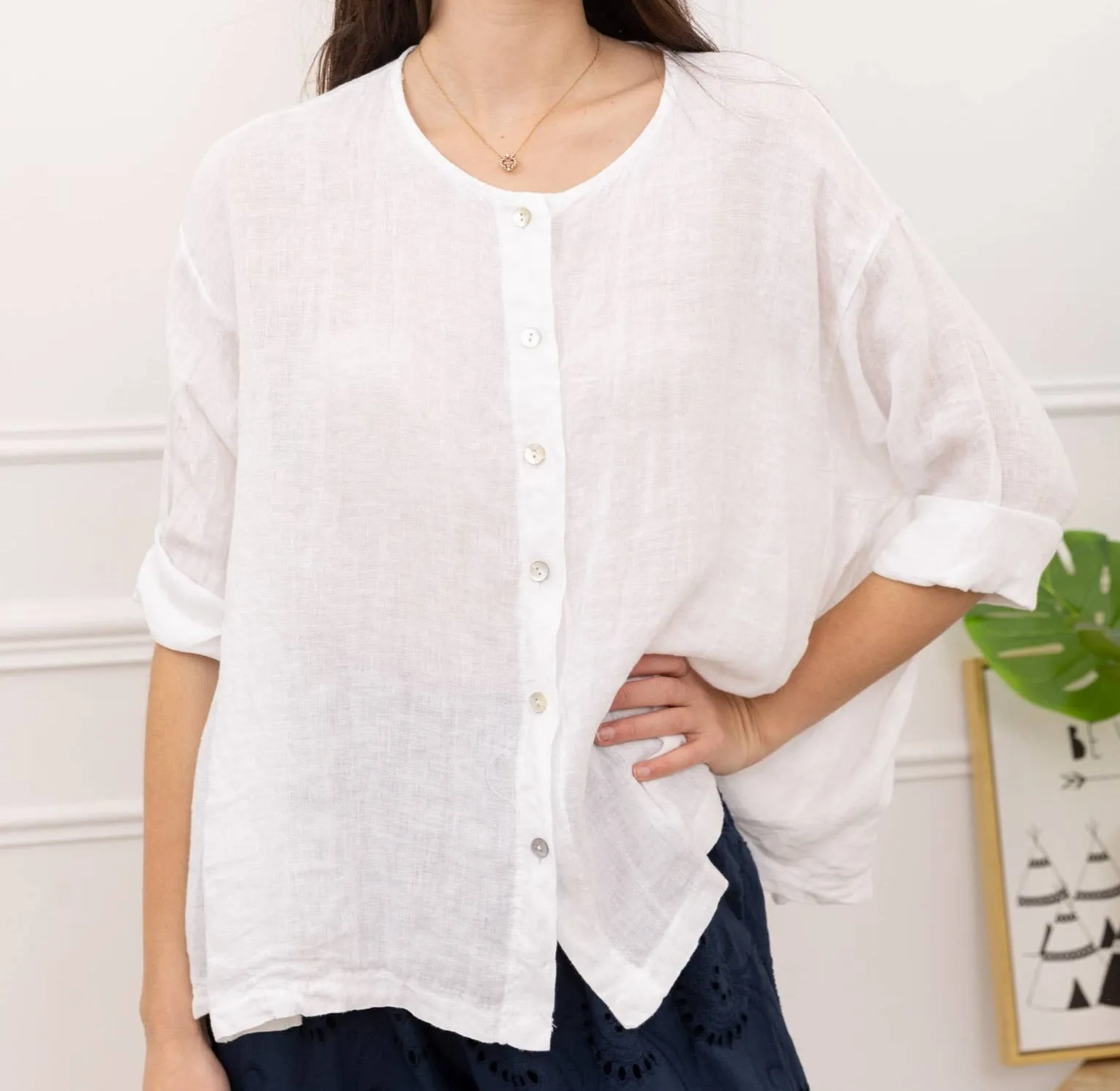 11916 Buttonup Linen Top,Women Wear