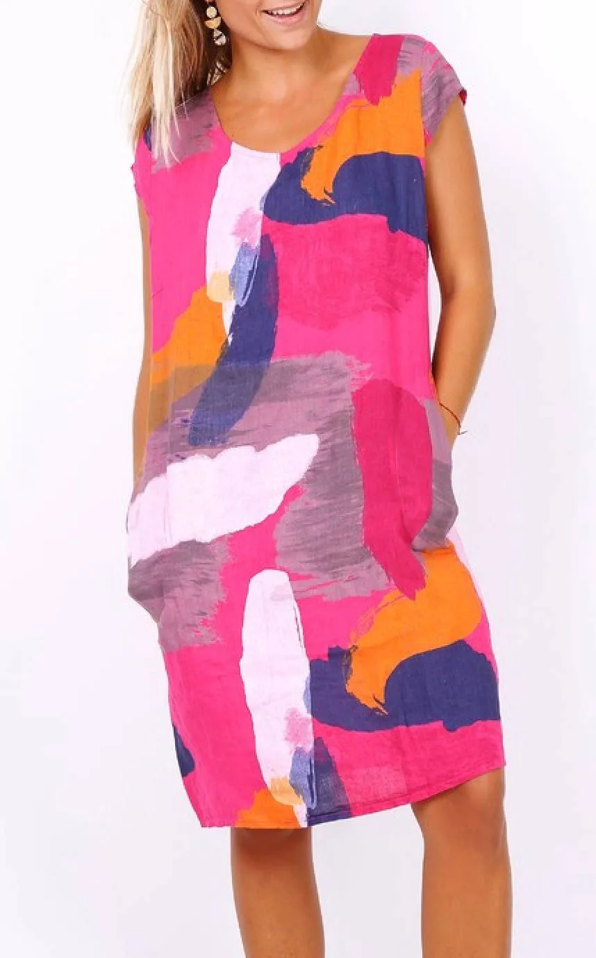 1992PL Brushstrokes Linen Dress,Women Wear