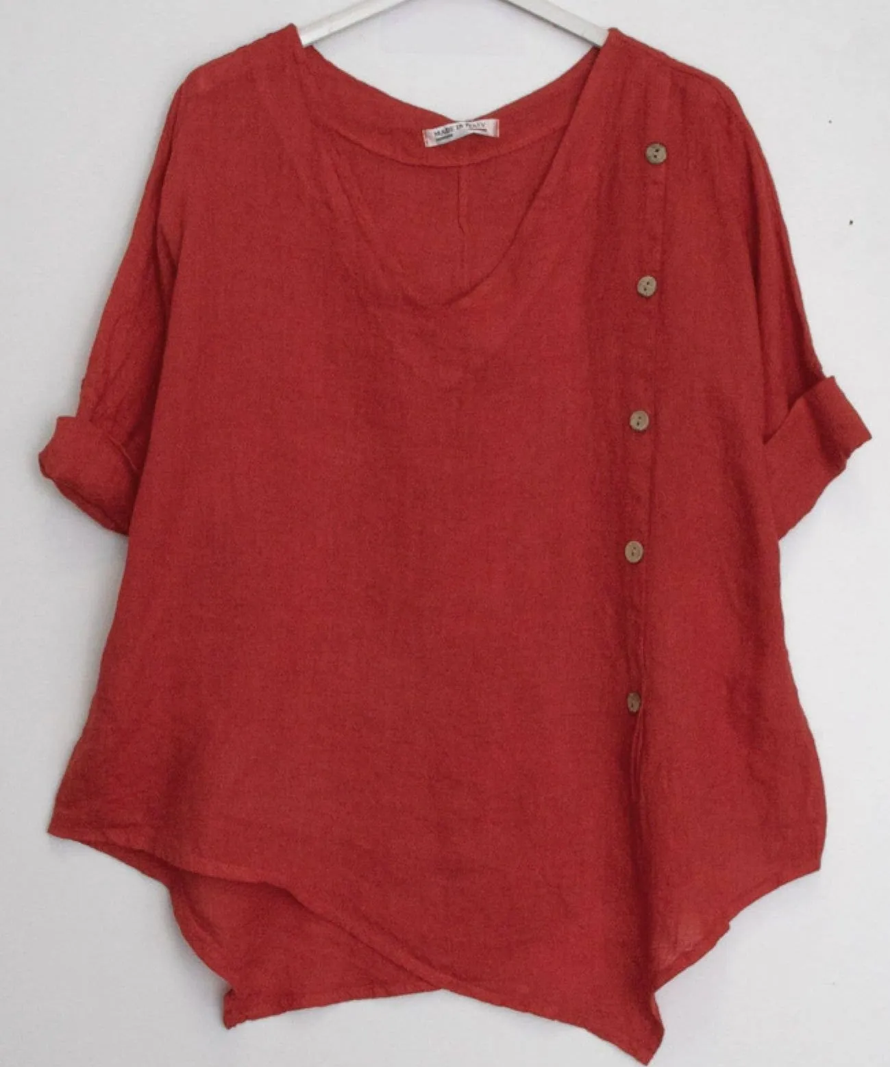 2388L Asymmetric Button Linen Top,Women Wear