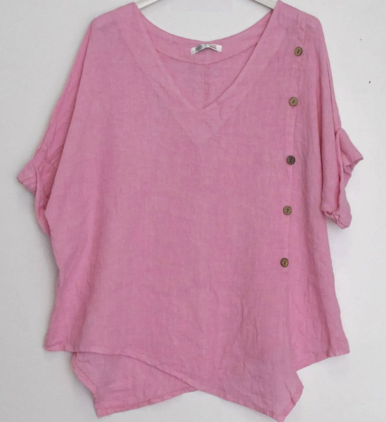 2388L Asymmetric Button Linen Top,Women Wear