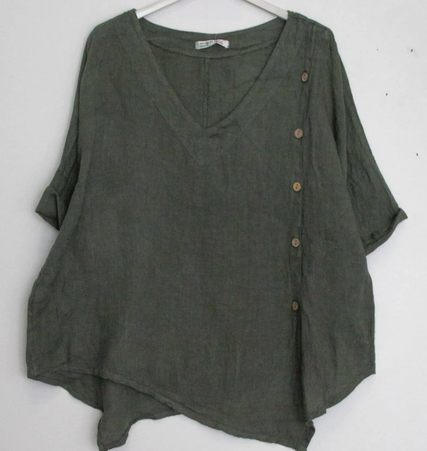 2388L Asymmetric Button Linen Top,Women Wear