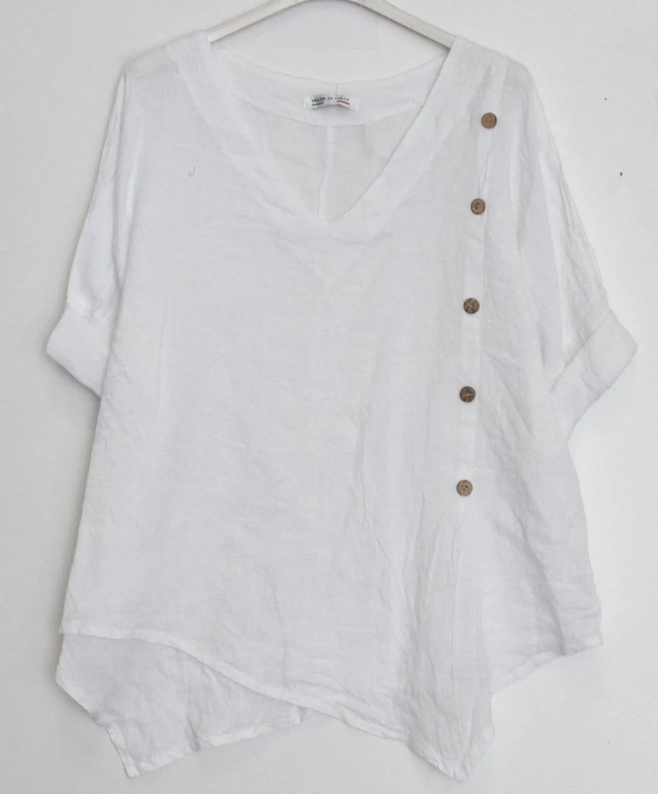 2388L Asymmetric Button Linen Top,Women Wear