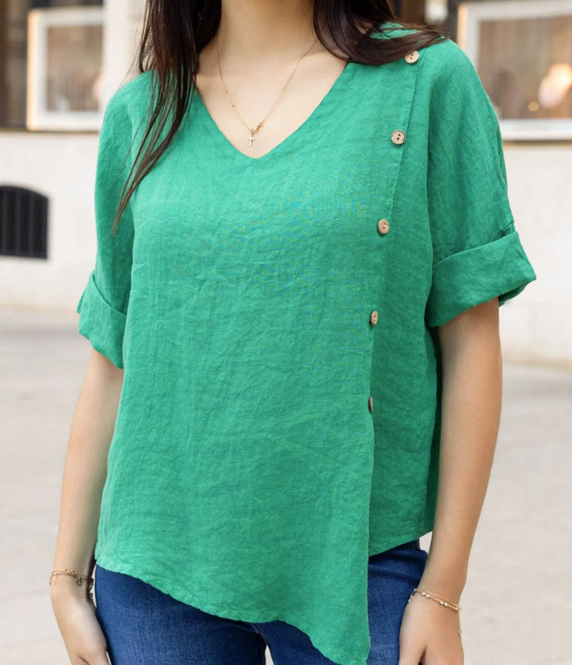 2388L Asymmetric Button Linen Top,Women Wear
