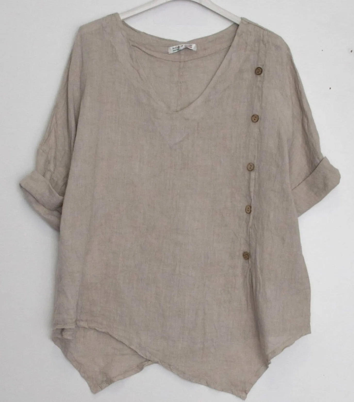 2388L Asymmetric Button Linen Top,Women Wear