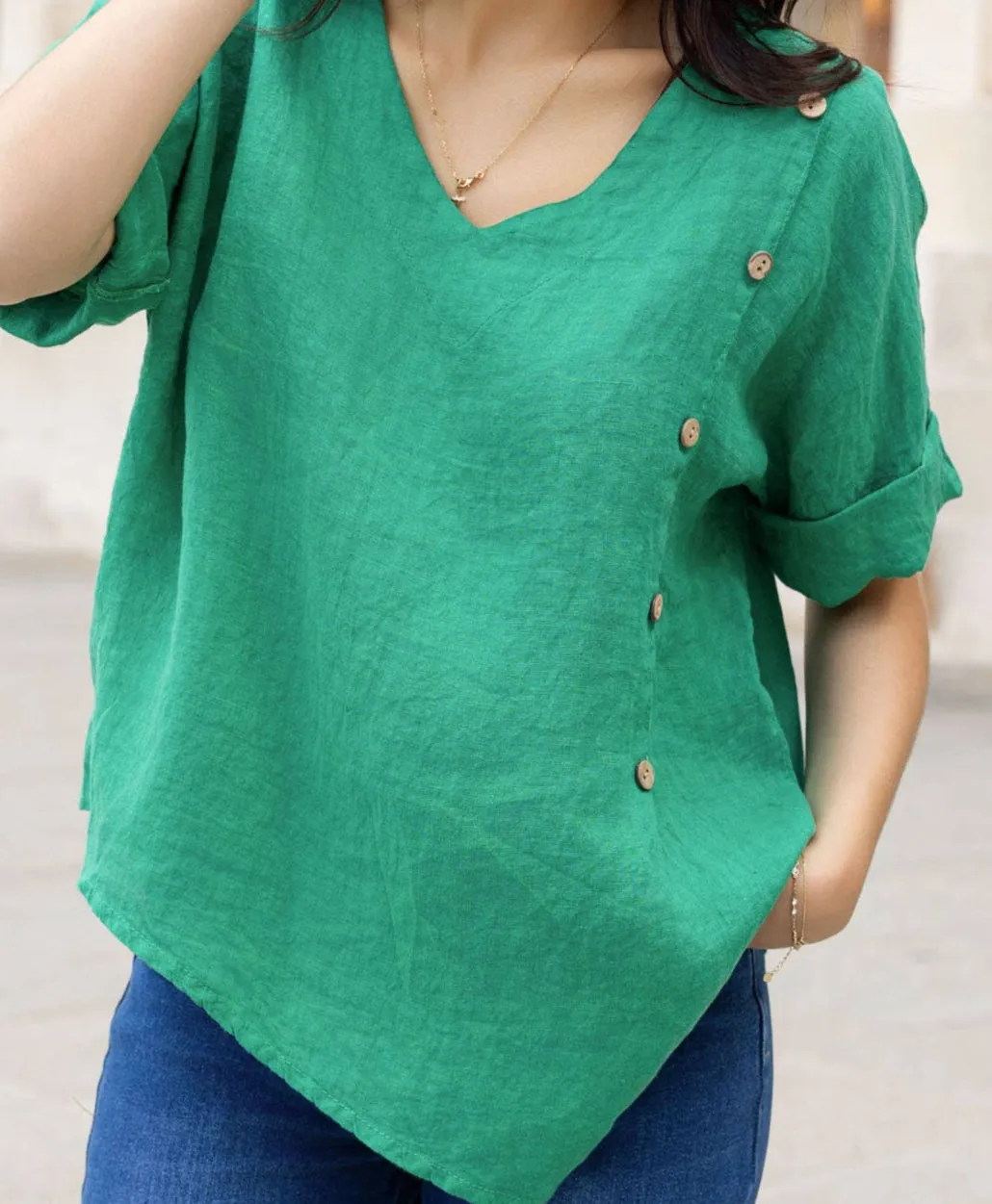 2388L Asymmetric Button Linen Top,Women Wear