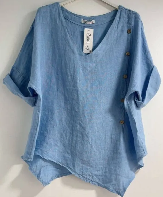 2388L Asymmetric Button Linen Top,Women Wear