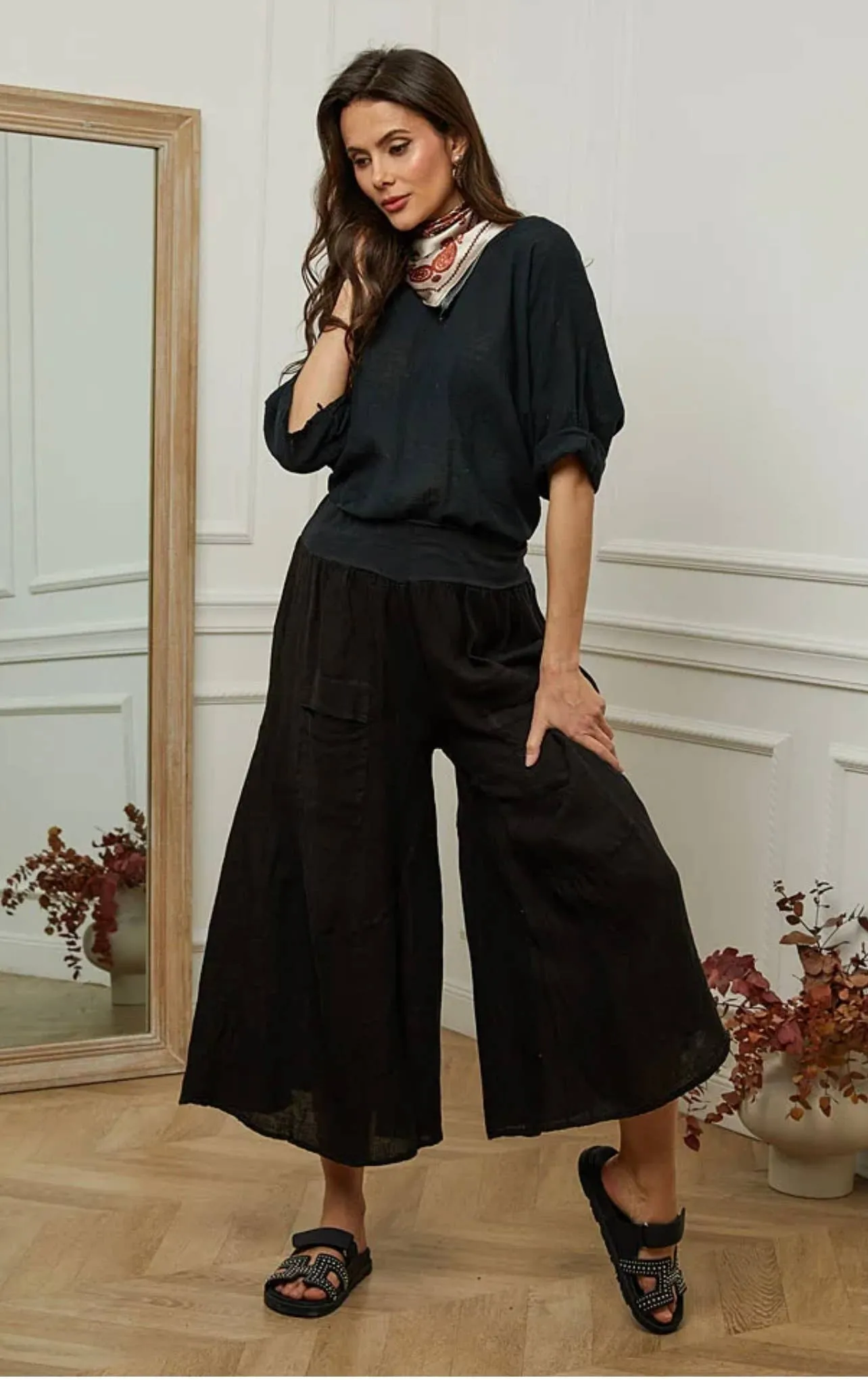 30235 Wide Palazzo Pant in 100% Linen,Women Wear