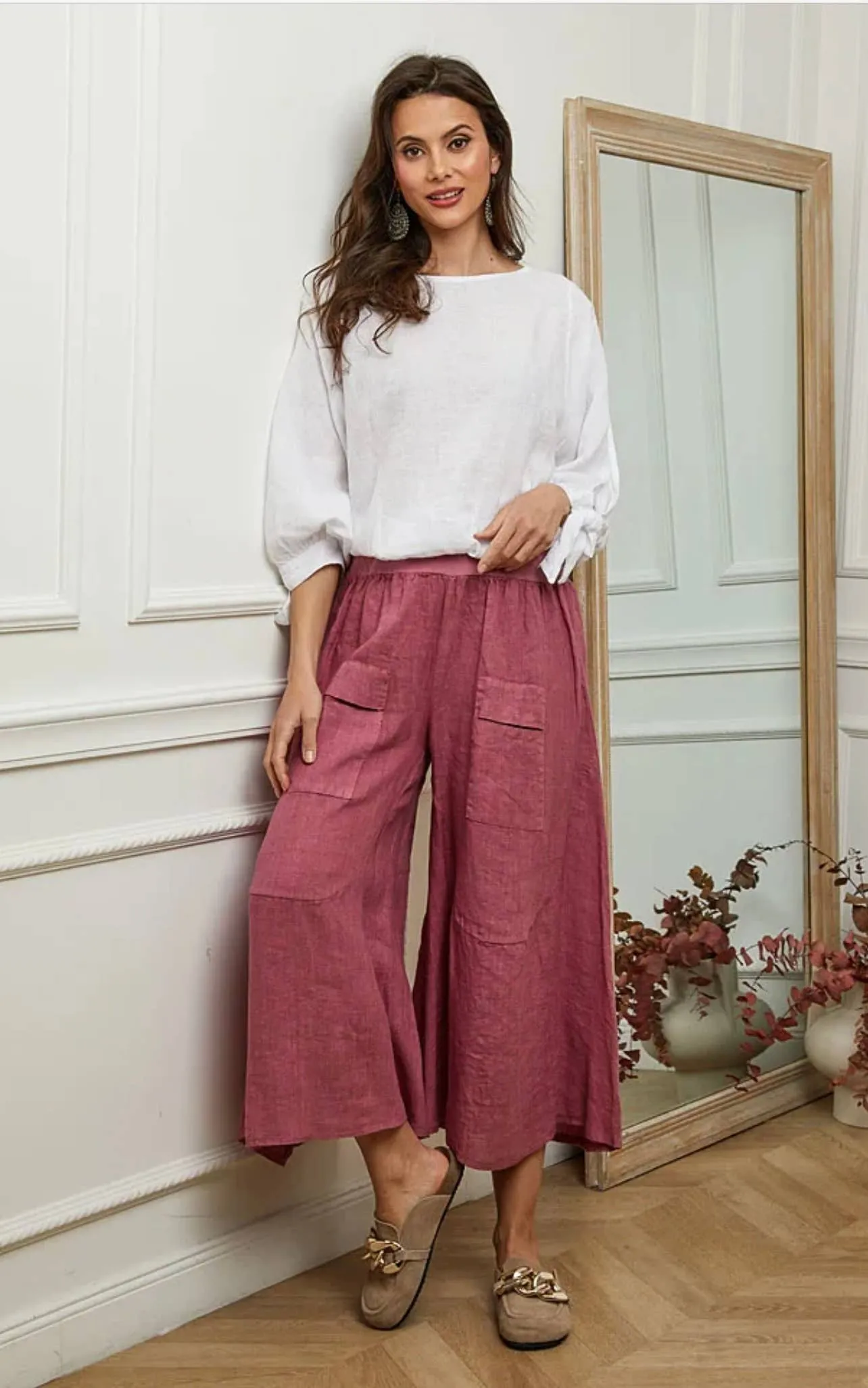 30235 Wide Palazzo Pant in 100% Linen,Women Wear
