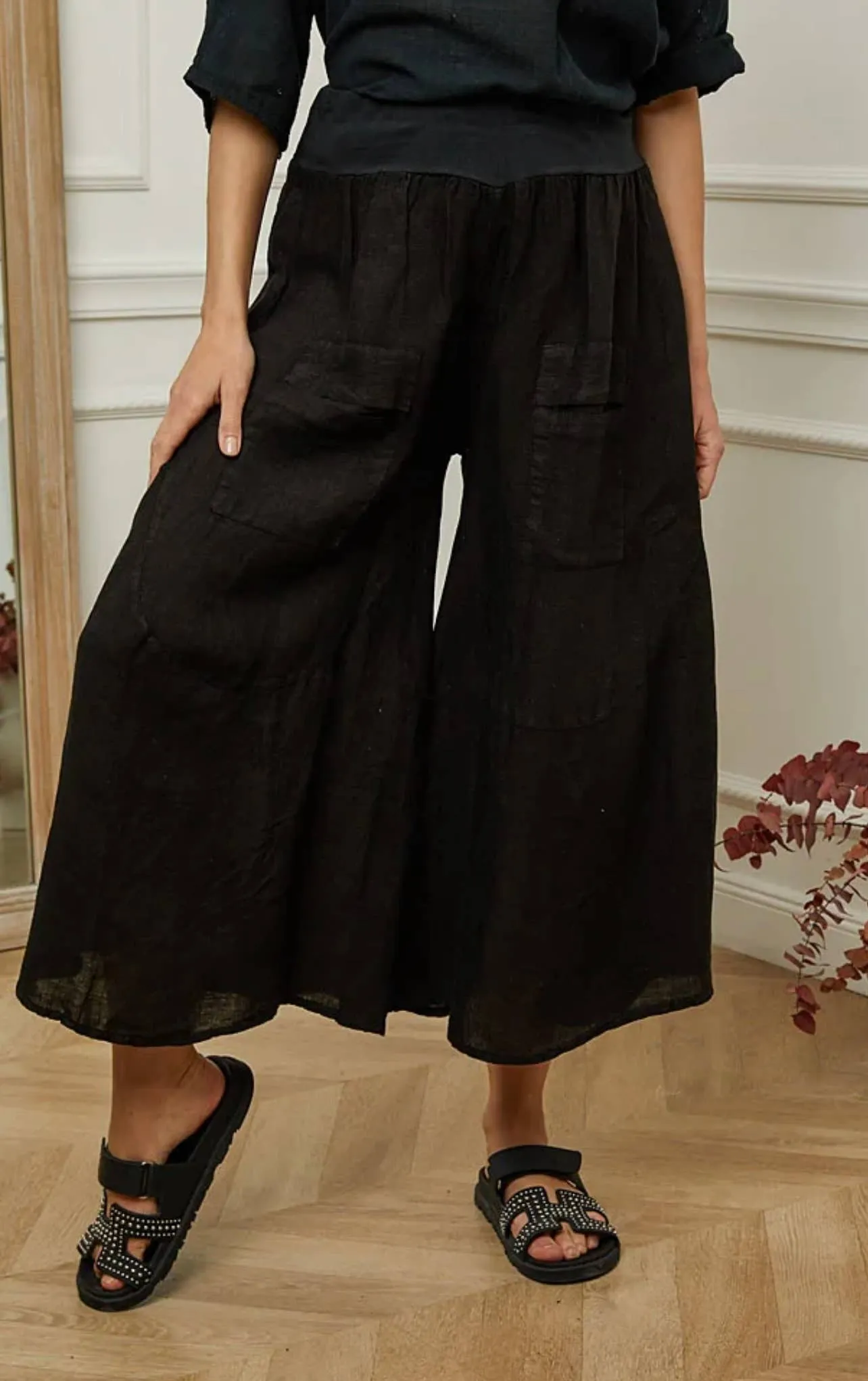 30235 Wide Palazzo Pant in 100% Linen,Women Wear