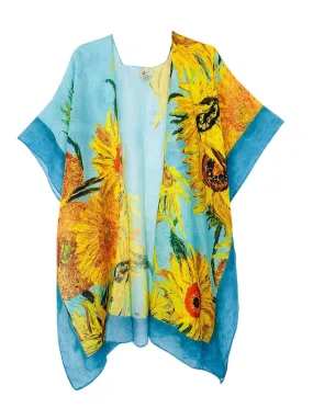 62737 Aqua-Orange Sunflower Oil Painting Kimono,Women Wear