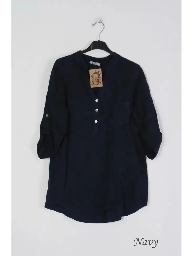 6367 Linen 3/4 Sleeve Blouse With Chest Pocket & Button Details,Women Wear