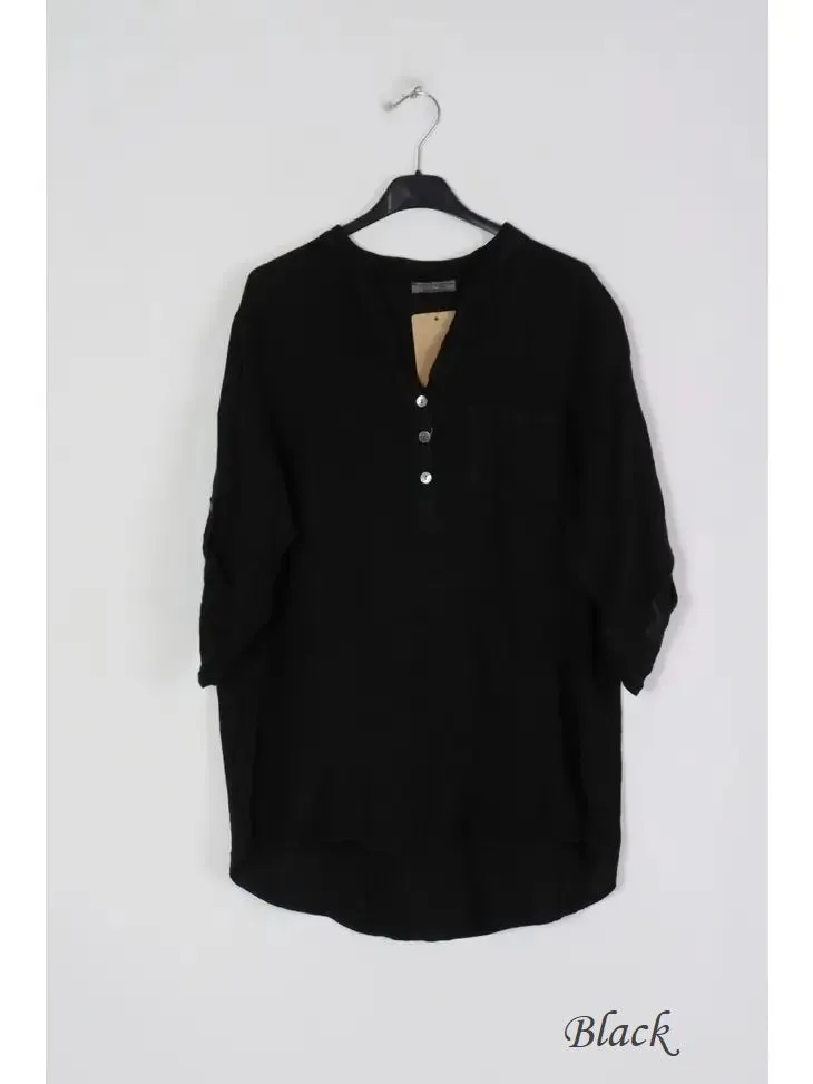 6367 Linen 3/4 Sleeve Blouse With Chest Pocket & Button Details,Women Wear