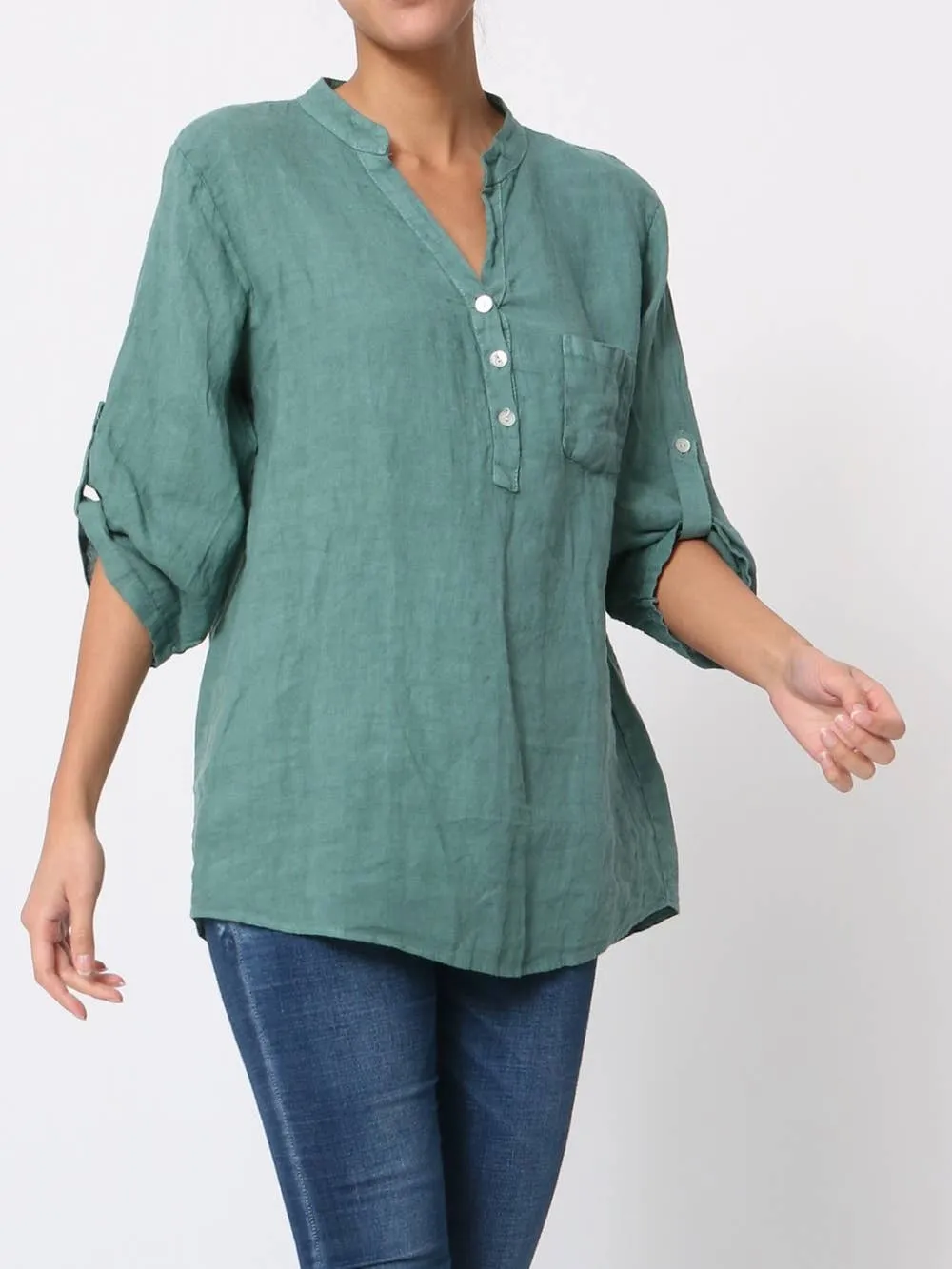 6367 Linen 3/4 Sleeve Blouse With Chest Pocket & Button Details,Women Wear