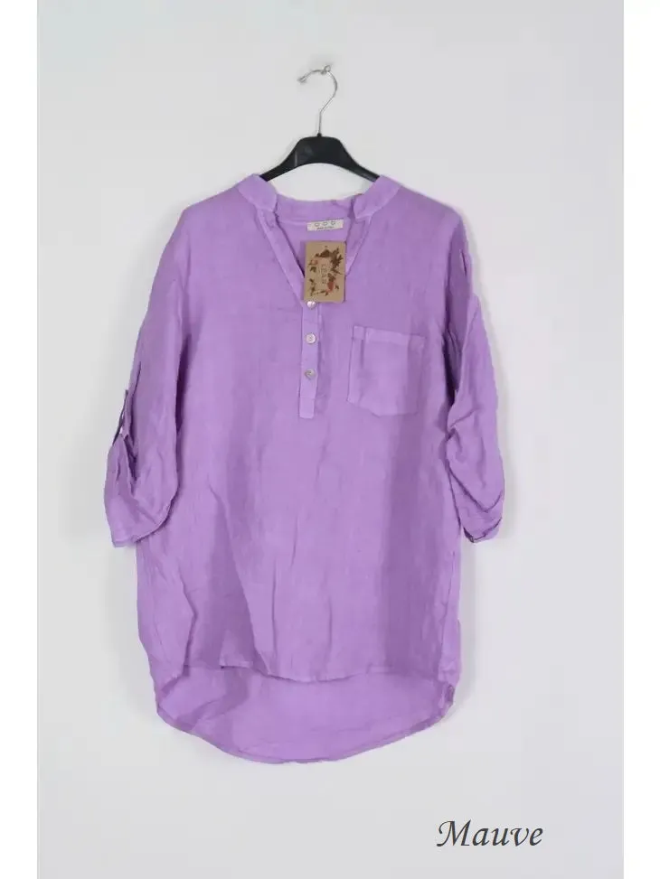6367 Linen 3/4 Sleeve Blouse With Chest Pocket & Button Details,Women Wear