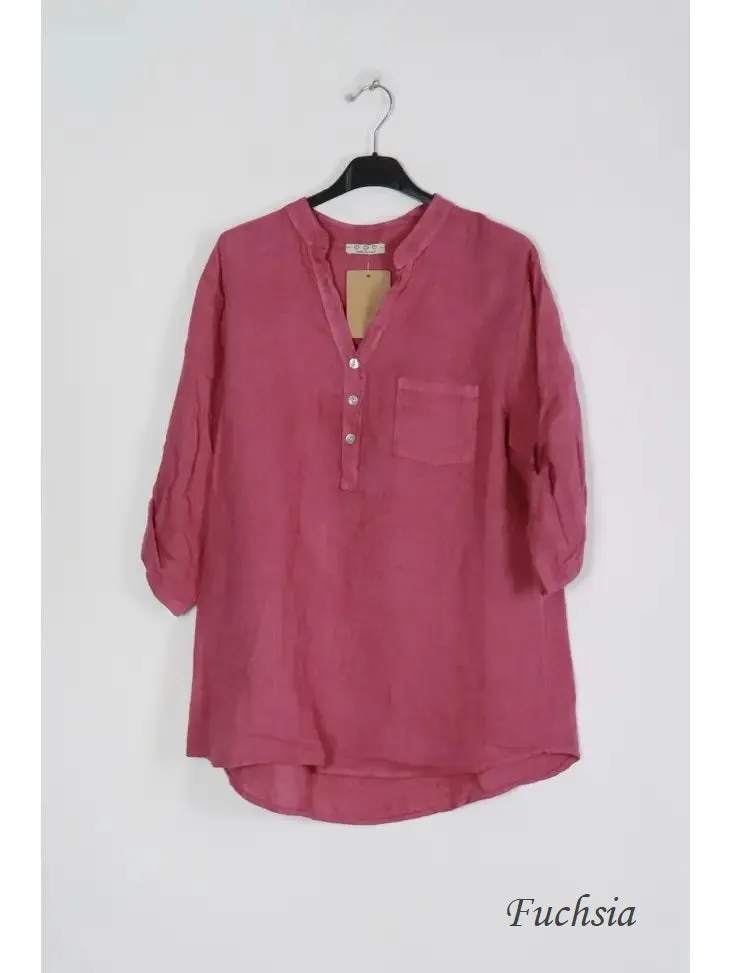 6367 Linen 3/4 Sleeve Blouse With Chest Pocket & Button Details,Women Wear