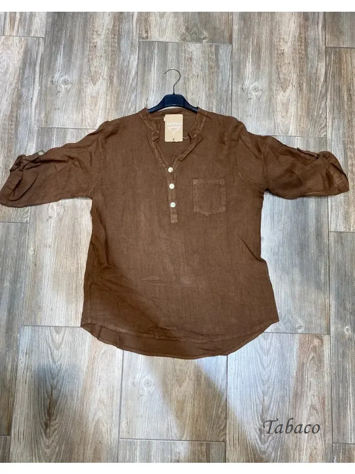 6367 Linen 3/4 Sleeve Blouse With Chest Pocket & Button Details,Women Wear