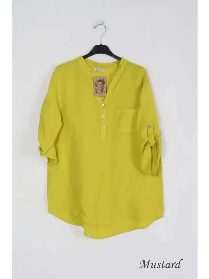 6367 Linen 3/4 Sleeve Blouse With Chest Pocket & Button Details,Women Wear