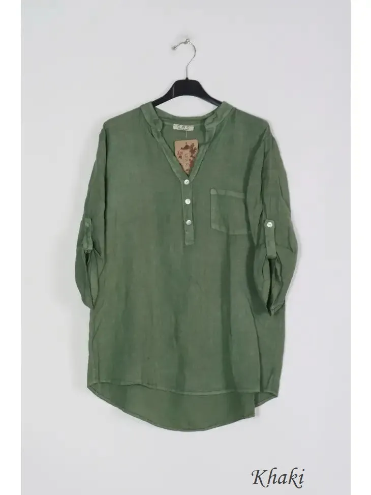 6367 Linen 3/4 Sleeve Blouse With Chest Pocket & Button Details,Women Wear