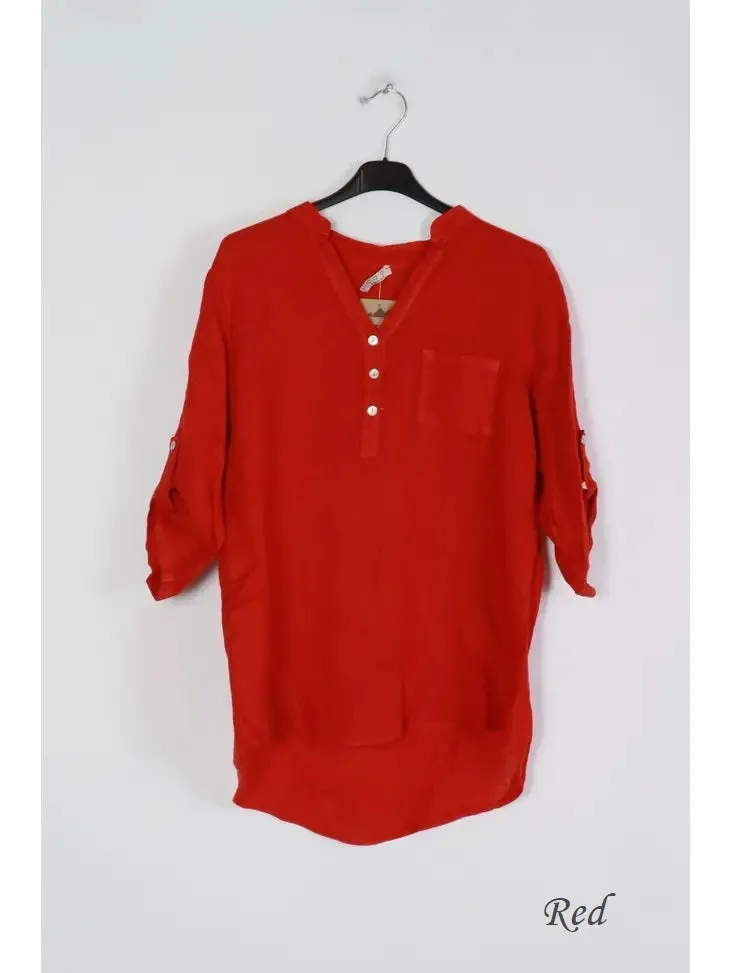 6367 Linen 3/4 Sleeve Blouse With Chest Pocket & Button Details,Women Wear