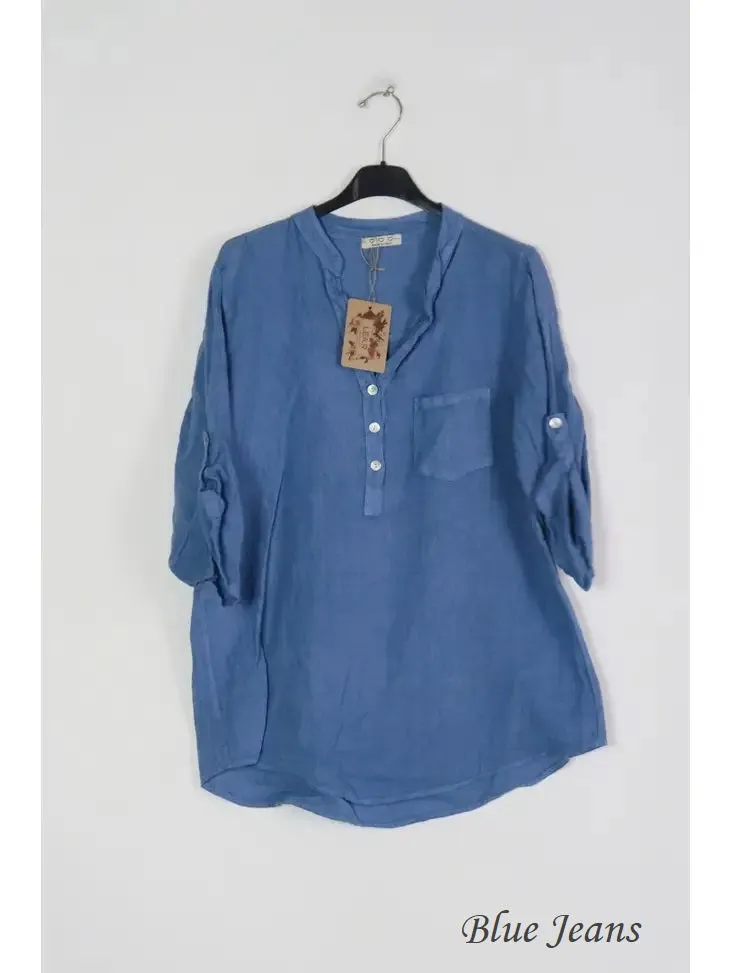 6367 Linen 3/4 Sleeve Blouse With Chest Pocket & Button Details,Women Wear