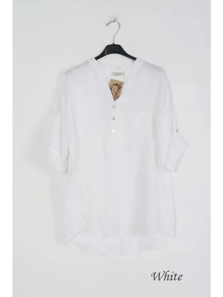 6367 Linen 3/4 Sleeve Blouse With Chest Pocket & Button Details,Women Wear
