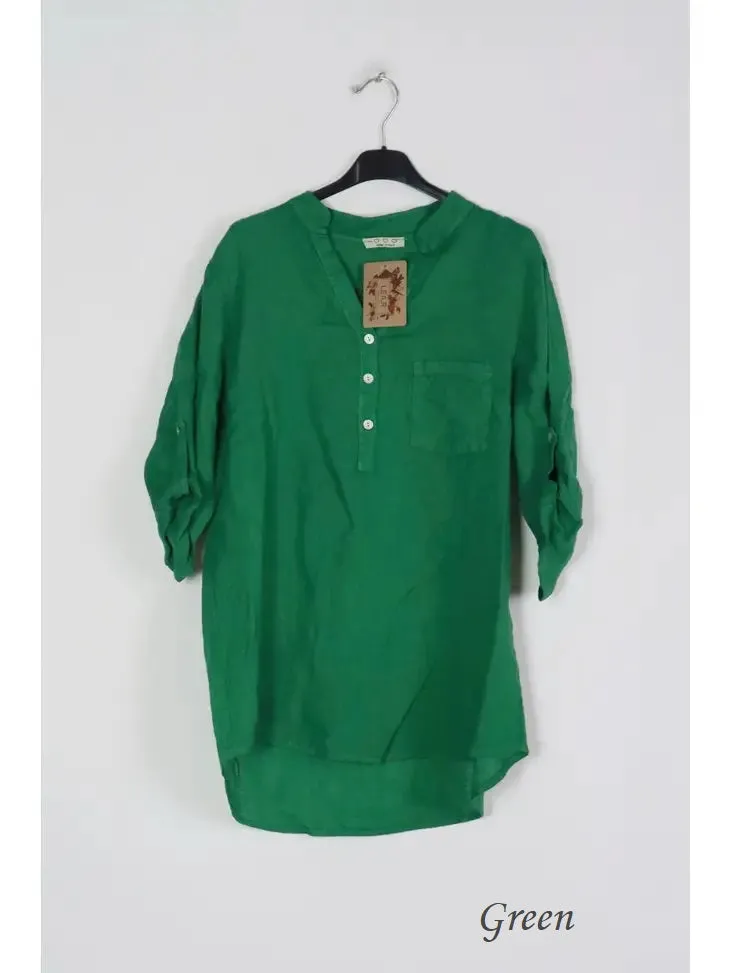 6367 Linen 3/4 Sleeve Blouse With Chest Pocket & Button Details,Women Wear