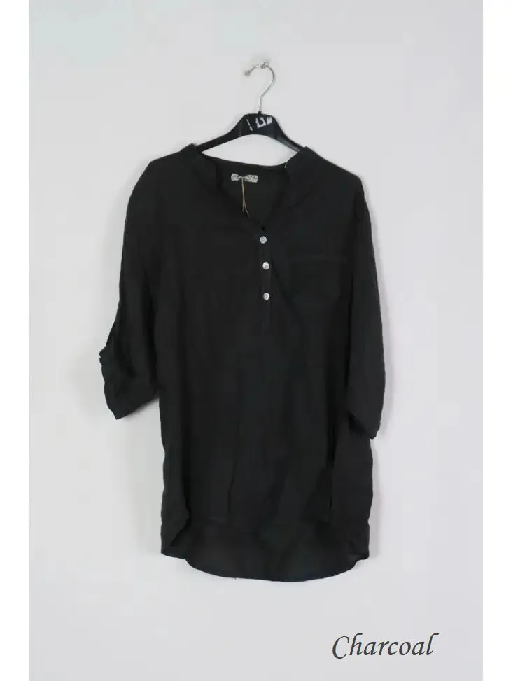 6367 Linen 3/4 Sleeve Blouse With Chest Pocket & Button Details,Women Wear