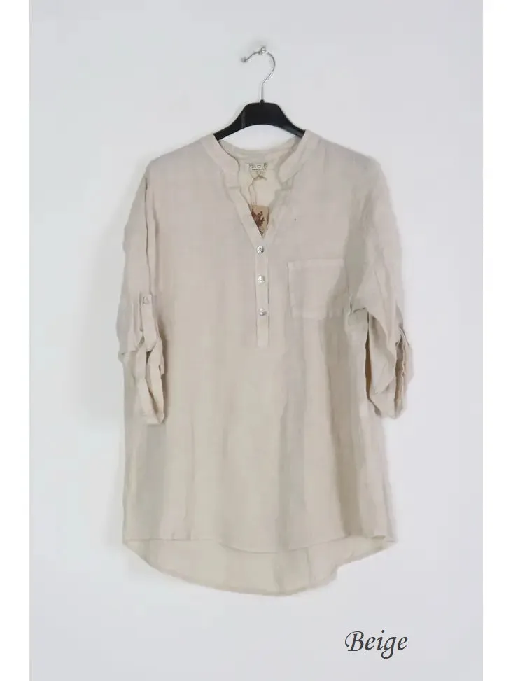 6367 Linen 3/4 Sleeve Blouse With Chest Pocket & Button Details,Women Wear