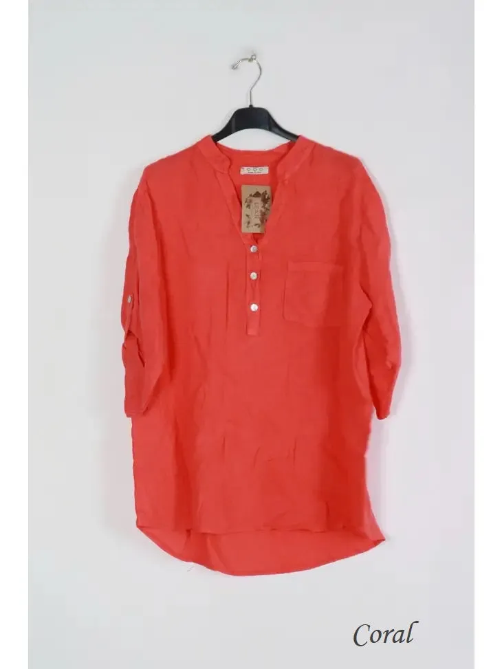 6367 Linen 3/4 Sleeve Blouse With Chest Pocket & Button Details,Women Wear
