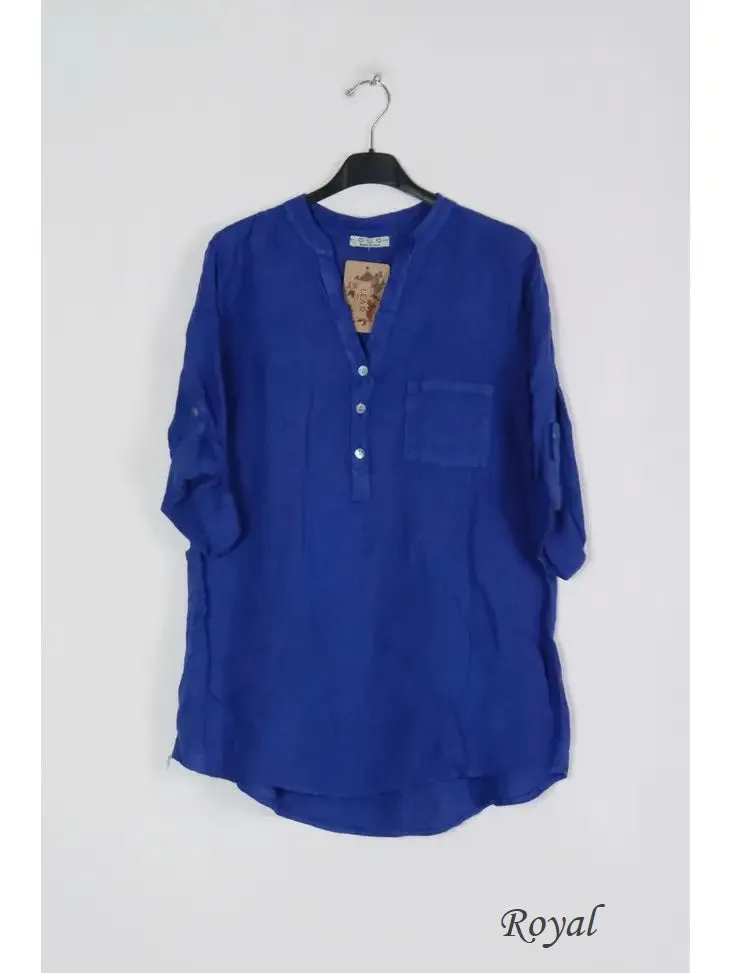 6367 Linen 3/4 Sleeve Blouse With Chest Pocket & Button Details,Women Wear
