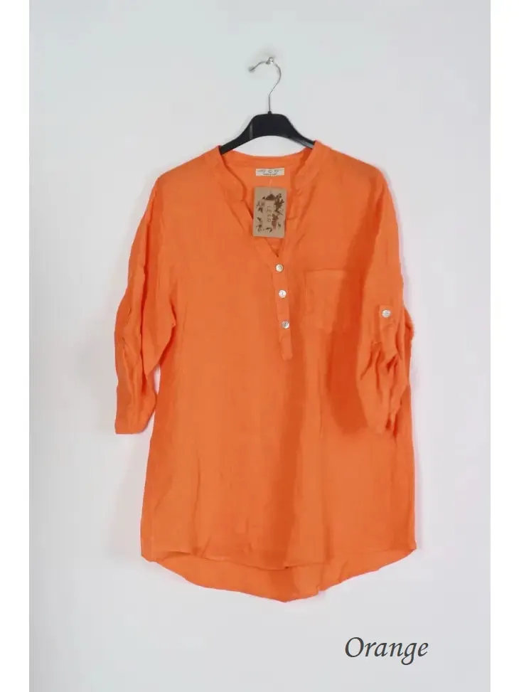 6367 Linen 3/4 Sleeve Blouse With Chest Pocket & Button Details,Women Wear