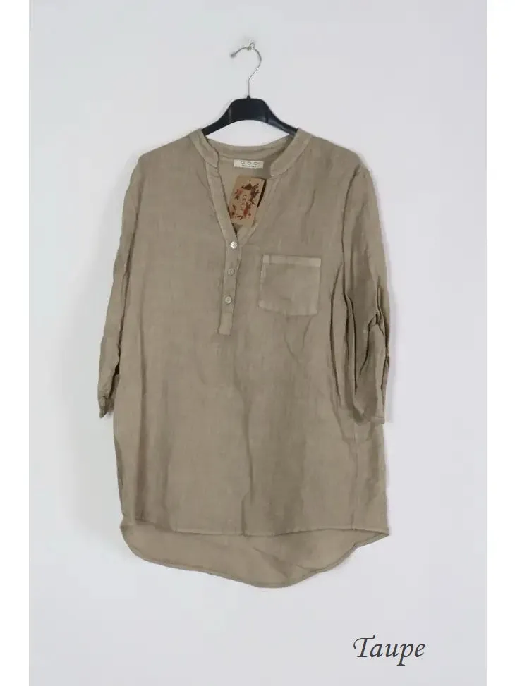 6367 Linen 3/4 Sleeve Blouse With Chest Pocket & Button Details,Women Wear