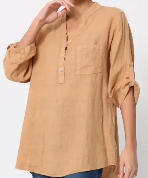 6367 Linen 3/4 Sleeve Blouse With Chest Pocket & Button Details,Women Wear
