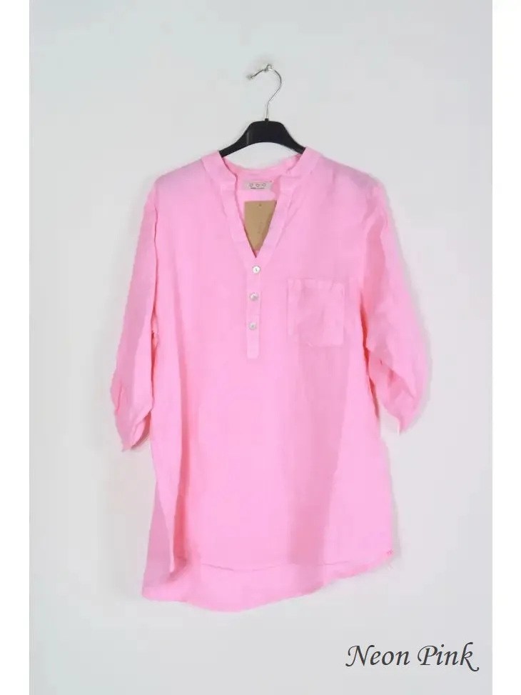 6367 Linen 3/4 Sleeve Blouse With Chest Pocket & Button Details,Women Wear