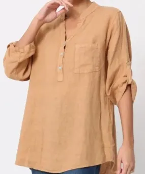 6367 Linen 3/4 Sleeve Blouse With Chest Pocket & Button Details,Women Wear
