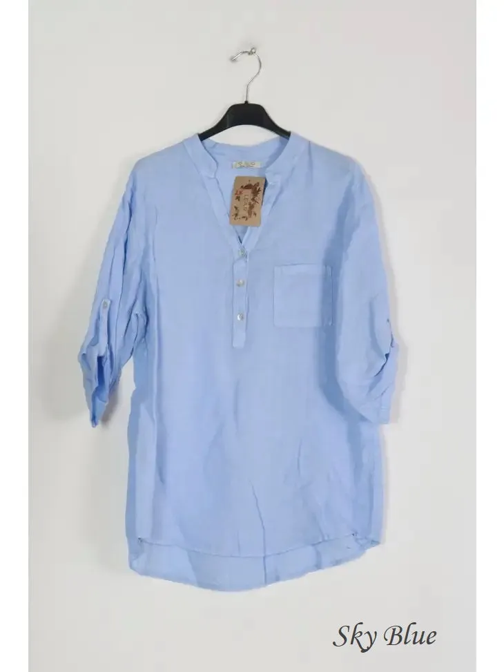 6367 Linen 3/4 Sleeve Blouse With Chest Pocket & Button Details,Women Wear