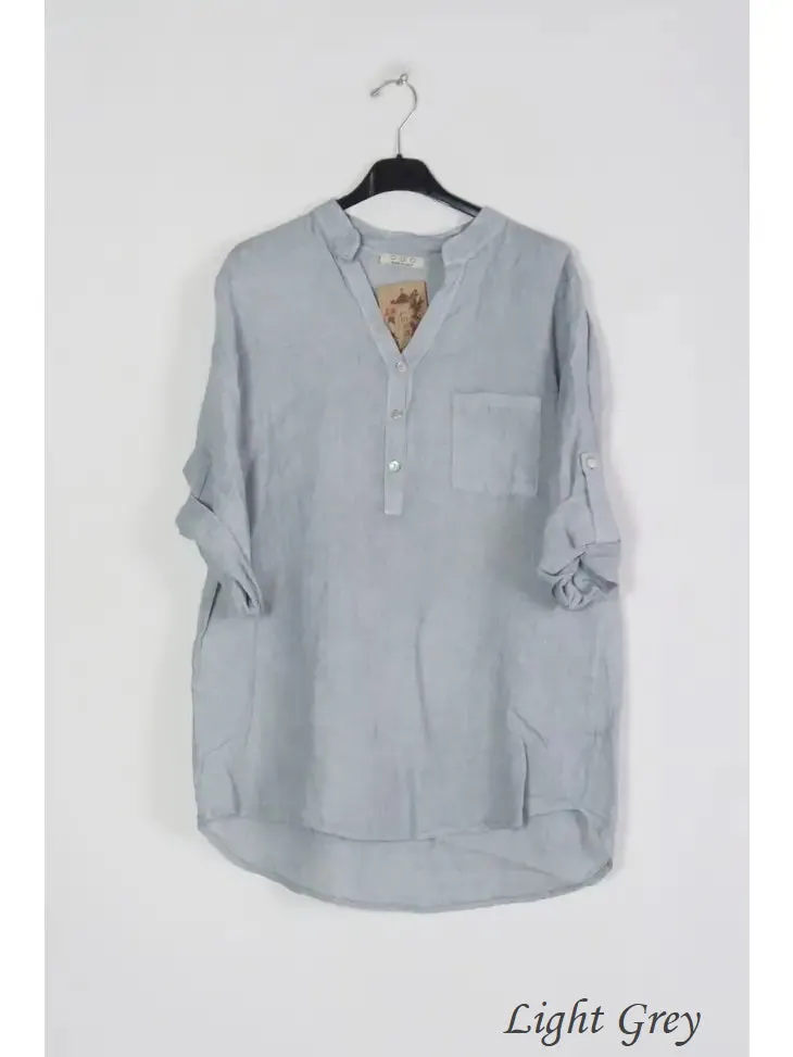 6367 Linen 3/4 Sleeve Blouse With Chest Pocket & Button Details,Women Wear