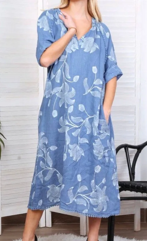 7161A Long Floral V-Notch Neckline Linen Dress,Women Wear
