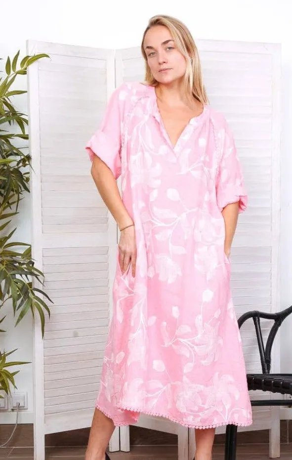 7161A Long Floral V-Notch Neckline Linen Dress,Women Wear
