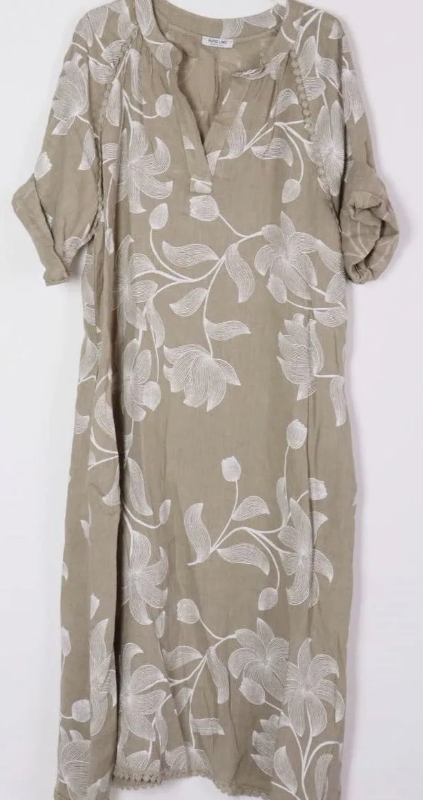 7161A Long Floral V-Notch Neckline Linen Dress,Women Wear
