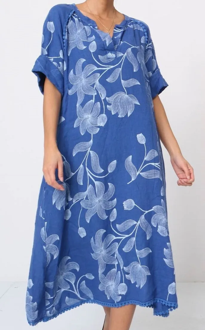 7161A Long Floral V-Notch Neckline Linen Dress,Women Wear