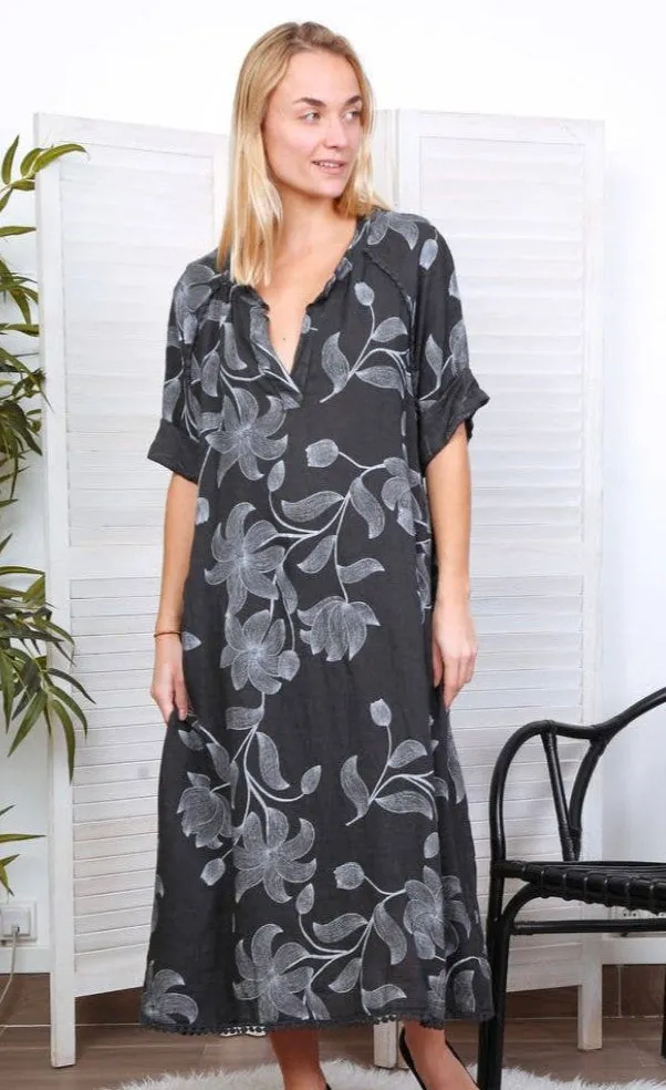 7161A Long Floral V-Notch Neckline Linen Dress,Women Wear