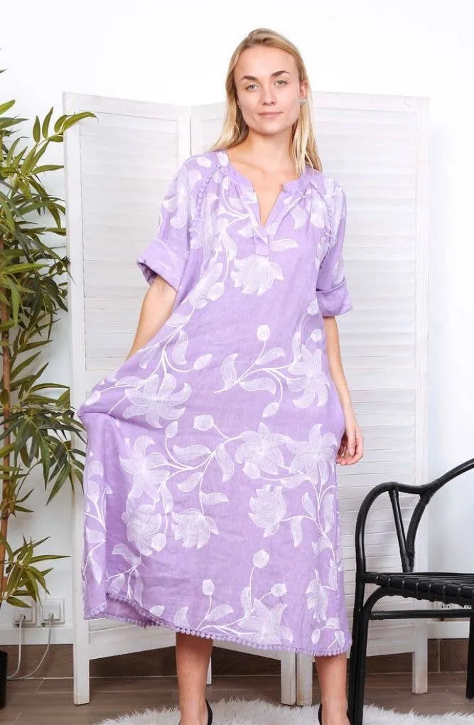 7161A Long Floral V-Notch Neckline Linen Dress,Women Wear