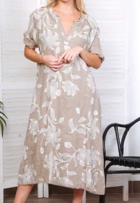 7161A Long Floral V-Notch Neckline Linen Dress,Women Wear