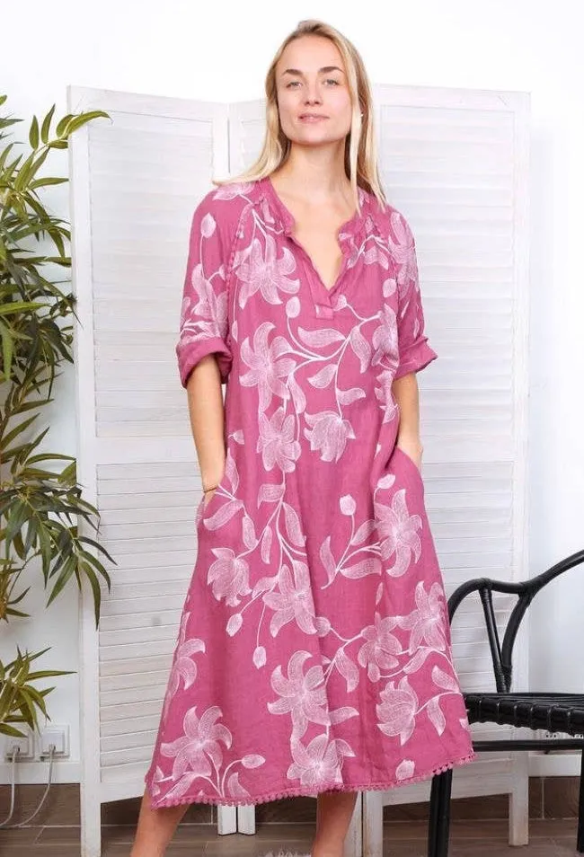 7161A Long Floral V-Notch Neckline Linen Dress,Women Wear