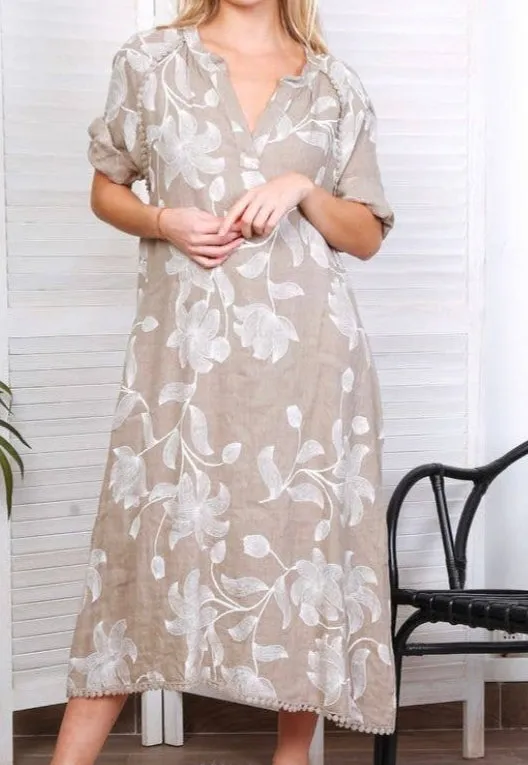 7161A Long Floral V-Notch Neckline Linen Dress,Women Wear